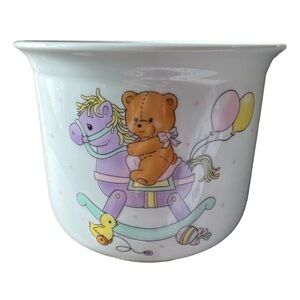 Vintage FTD 1990 Porcelain Floral Base Bear On A Purple Rocking Horse